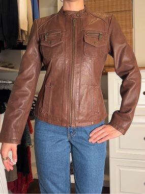 Womens Brown Leather Zip-Up Jacket